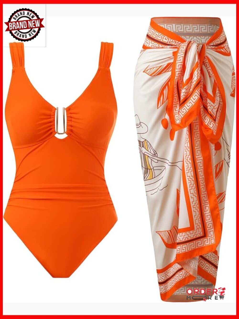 V Neck One Piece Swimsuit Tummy Control Retro Bathing Suit Wrap Skirt Set